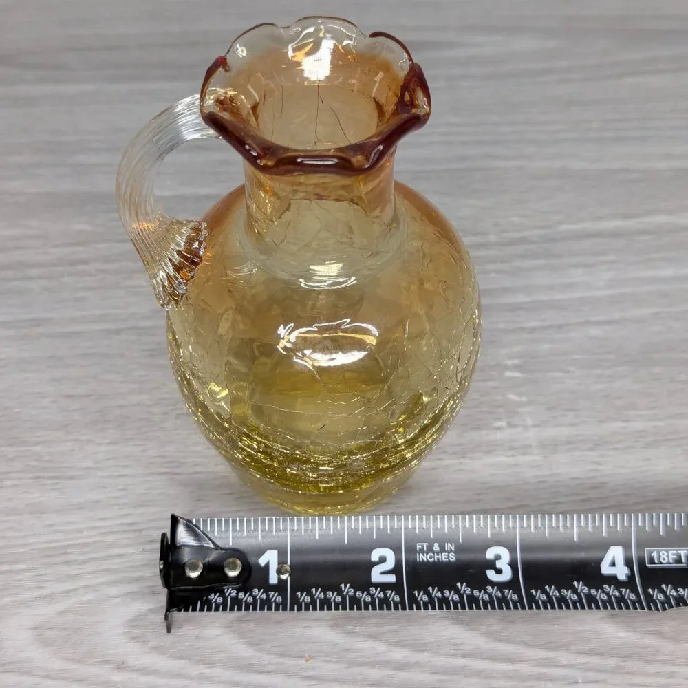Pilgrim Honey Amber Crackle Glass Vase w/Applied Handle Ruffled Rim 4